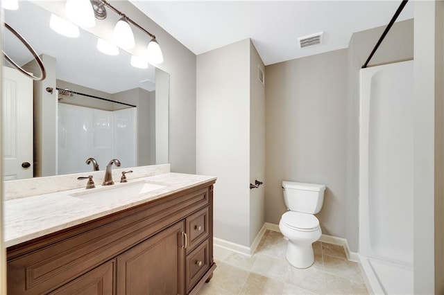 full bathroom featuring toilet, visible vents, walk in shower, and vanity