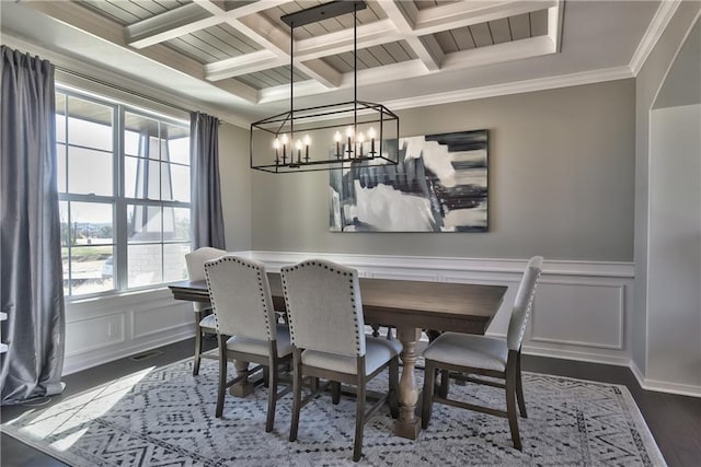 dining area with coffered ceiling, crown molding, a chandelier, dark hardwood / wood-style flooring, and beam ceiling