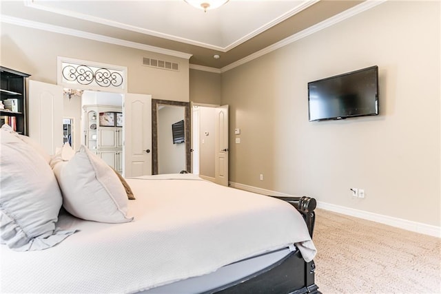 carpeted bedroom with crown molding