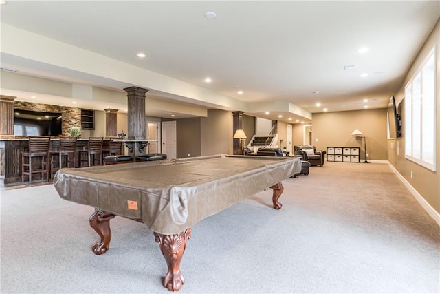 playroom featuring billiards, light carpet, and bar