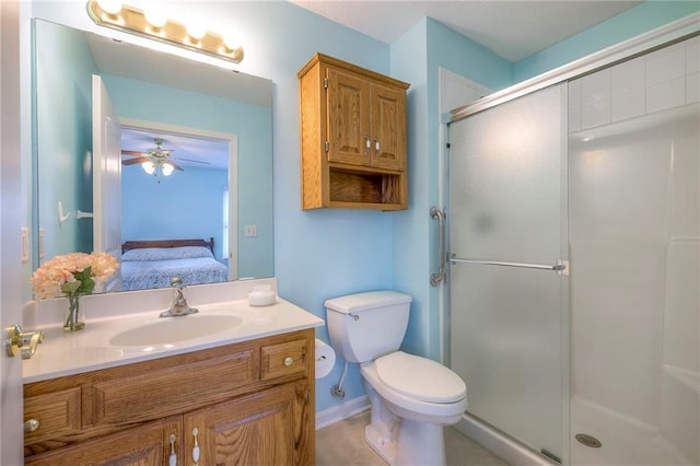 bathroom with a stall shower, toilet, ensuite bath, ceiling fan, and vanity