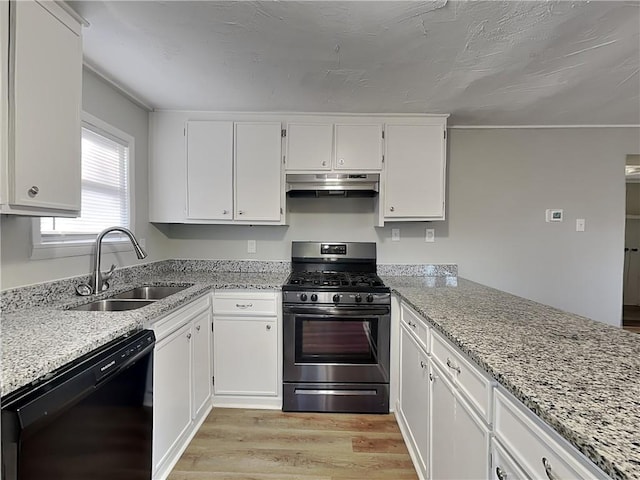 kitchen with sink, dishwasher, white cabinetry, light stone counters, and gas stove