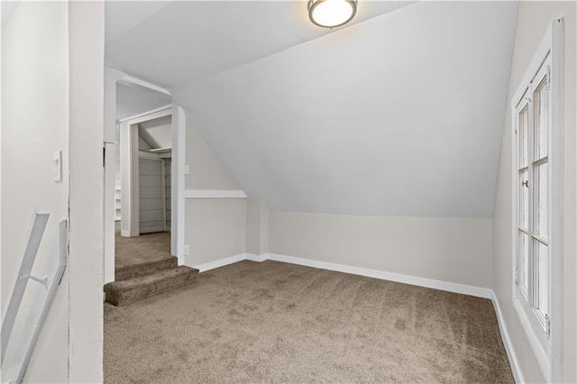 bonus room with lofted ceiling, a wealth of natural light, and carpet flooring