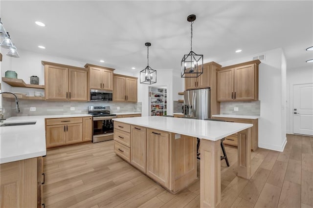 kitchen featuring visible vents, a kitchen island, appliances with stainless steel finishes, open shelves, and a sink