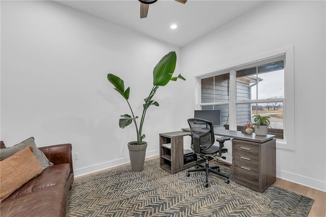 home office featuring ceiling fan, baseboards, wood finished floors, and recessed lighting