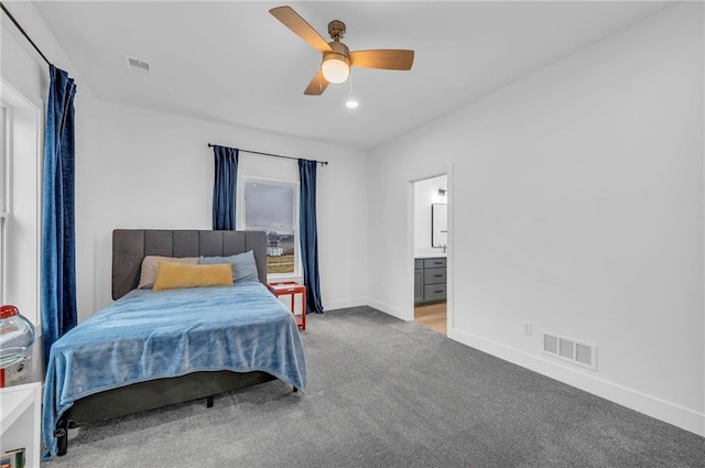 bedroom with carpet, baseboards, visible vents, and a ceiling fan