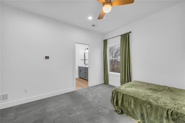 carpeted bedroom with a ceiling fan, recessed lighting, visible vents, and baseboards