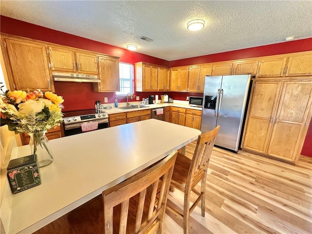 kitchen with stainless steel appliances, sink, a textured ceiling, and light hardwood / wood-style floors