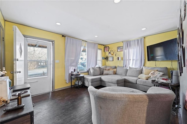 living room with dark hardwood / wood-style floors and a wealth of natural light