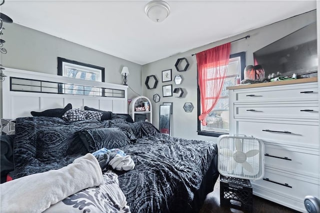 bedroom featuring multiple windows and dark wood-type flooring