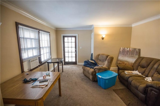 carpeted living room featuring cooling unit, baseboards, and crown molding