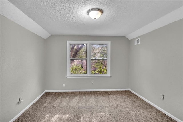 additional living space featuring lofted ceiling, carpet floors, and a textured ceiling