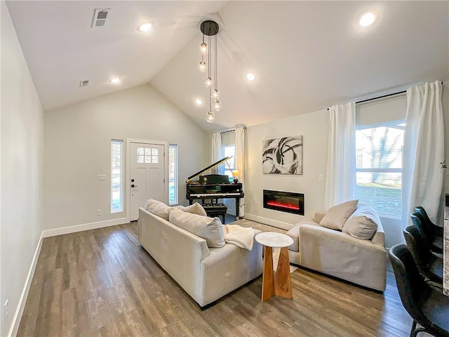 living room with high vaulted ceiling and hardwood / wood-style floors