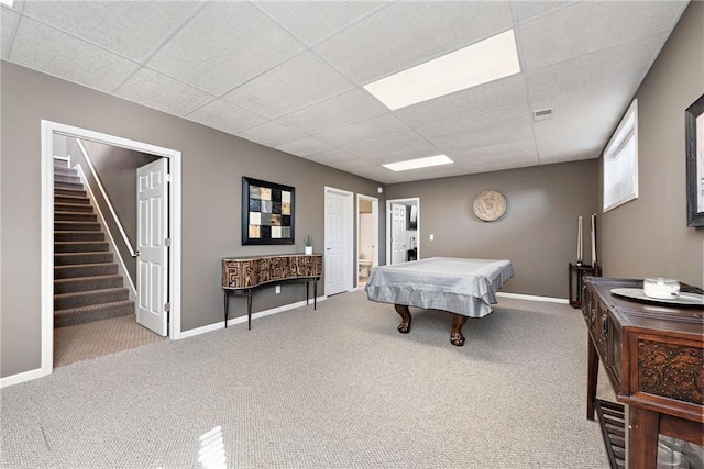 recreation room featuring billiards, carpet floors, and a drop ceiling