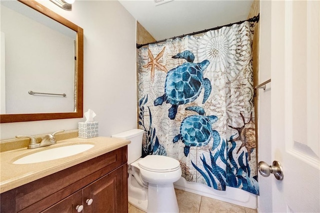 bathroom with walk in shower, vanity, toilet, and tile patterned flooring