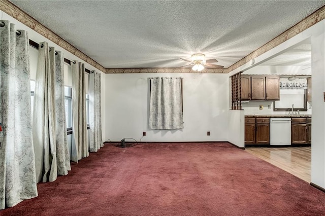 interior space featuring carpet floors, a sink, a textured ceiling, and ceiling fan