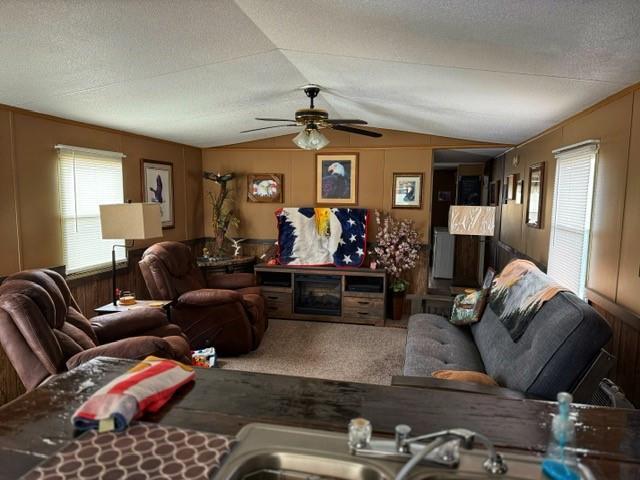 137 Halls Dr, Craig, MO 64437 - living room featuring ceiling fan, sink, vaulted ceiling, and a textured ceiling