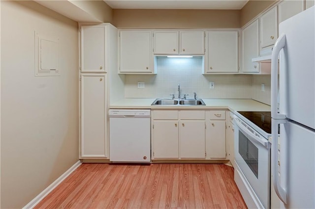 kitchen with backsplash, white appliances, sink, and white cabinets