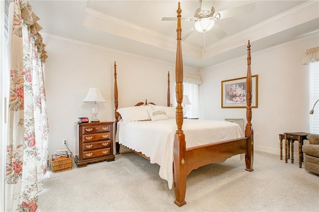 bedroom featuring a raised ceiling, crown molding, carpet floors, and multiple windows