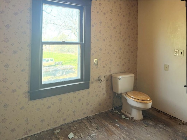 305 E 8th St, Wellsville, KS 66092 - half bath with toilet, hardwood / wood-style floors, wallpapered walls, and a wealth of natural light