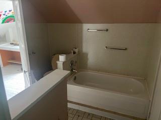 bathroom featuring vanity, vaulted ceiling, and a tub