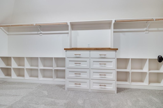 walk in closet with light colored carpet