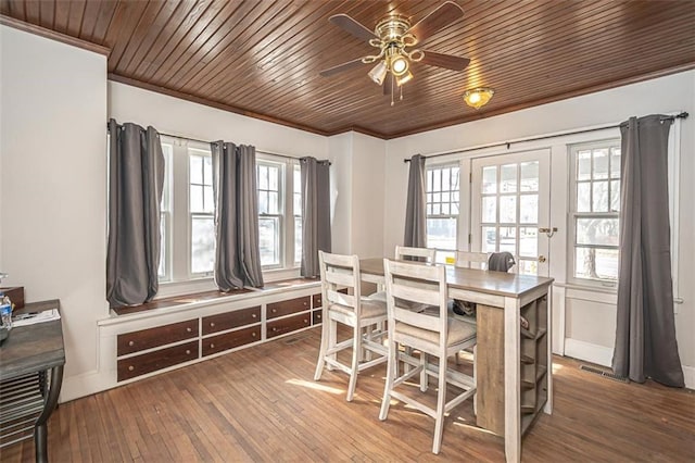 dining space featuring wood-type flooring, ornamental molding, wooden ceiling, and ceiling fan