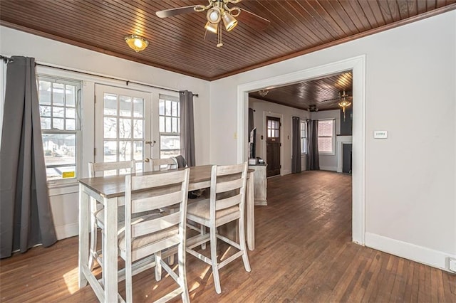 dining space with crown molding, ceiling fan, wood ceiling, and dark hardwood / wood-style flooring