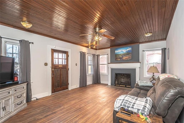 living room featuring hardwood / wood-style flooring, ornamental molding, wooden ceiling, and ceiling fan