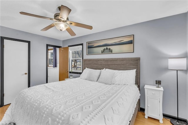 bedroom with ceiling fan and light hardwood / wood-style flooring