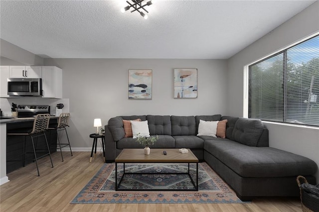 living room with light hardwood / wood-style floors and a textured ceiling