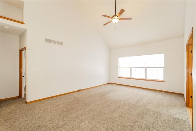 interior space featuring high vaulted ceiling and ceiling fan