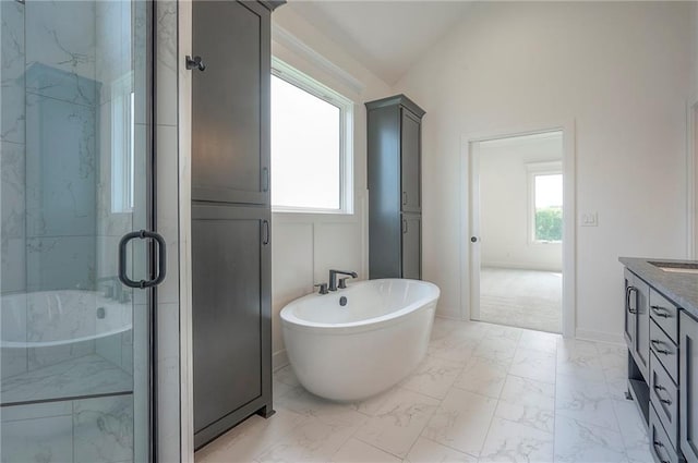 9000 N Clarion Ave, Kansas City, MO 64153 - full bath featuring a soaking tub, marble finish floors, vanity, and a marble finish shower