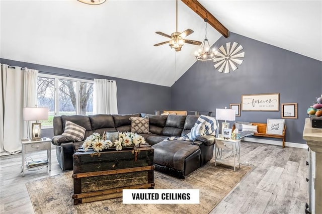 living room with beam ceiling, ceiling fan, high vaulted ceiling, and light wood-type flooring