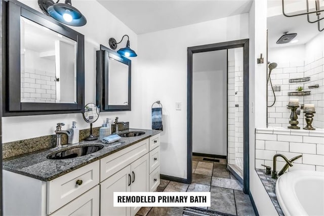 bathroom with independent shower and bath, vanity, and backsplash