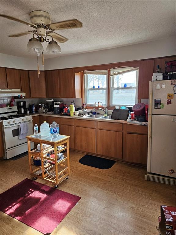 kitchen with sink, tasteful backsplash, a textured ceiling, light wood-type flooring, and white appliances