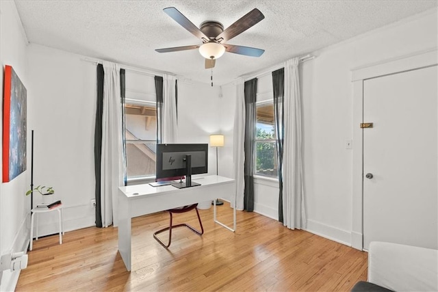 office featuring ceiling fan, light hardwood / wood-style floors, and a textured ceiling