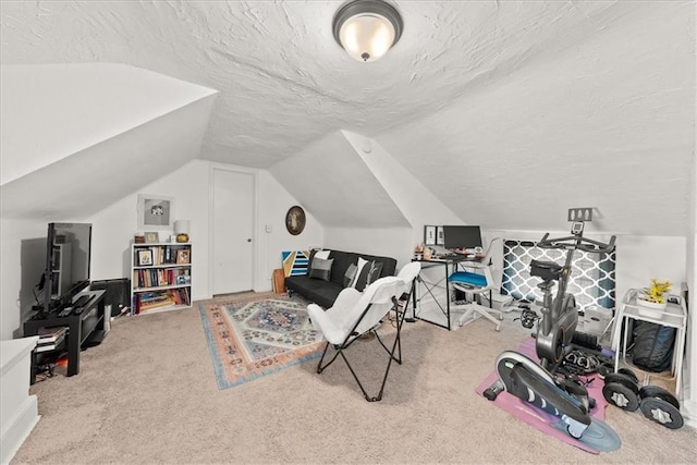 interior space with vaulted ceiling, light colored carpet, and a textured ceiling