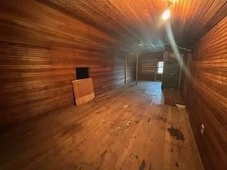 bonus room with vaulted ceiling, wood-type flooring, wooden ceiling, and wood walls