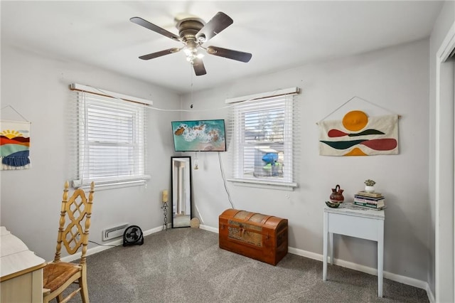 miscellaneous room with carpet floors, a healthy amount of sunlight, and ceiling fan