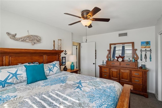 bedroom featuring carpet floors and ceiling fan