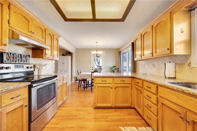 kitchen featuring electric stove, a chandelier, hanging light fixtures, kitchen peninsula, and light hardwood / wood-style flooring