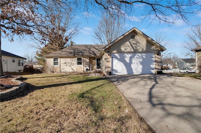 ranch-style home featuring a garage and a front lawn