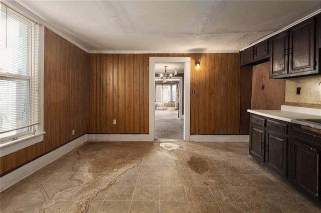 kitchen with dark brown cabinetry and wooden walls