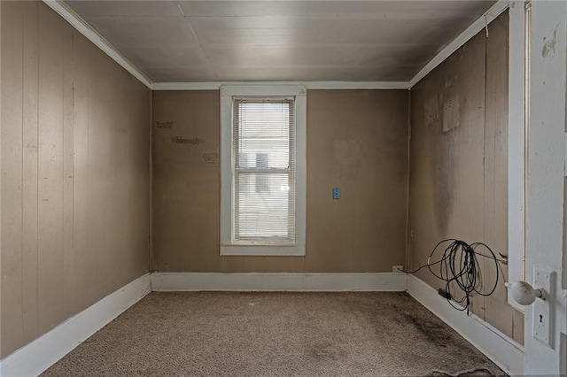 unfurnished room with wooden walls and carpet