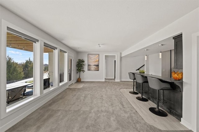 interior space featuring bar and light colored carpet