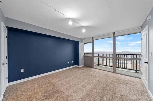 spare room featuring expansive windows, baseboards, carpet, and rail lighting