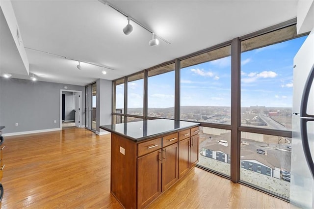 kitchen with a healthy amount of sunlight, freestanding refrigerator, light wood-style floors, and expansive windows