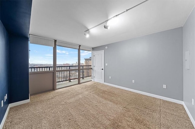 carpeted spare room with baseboards and track lighting