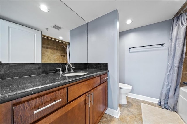 bathroom with visible vents, baseboards, toilet, recessed lighting, and vanity